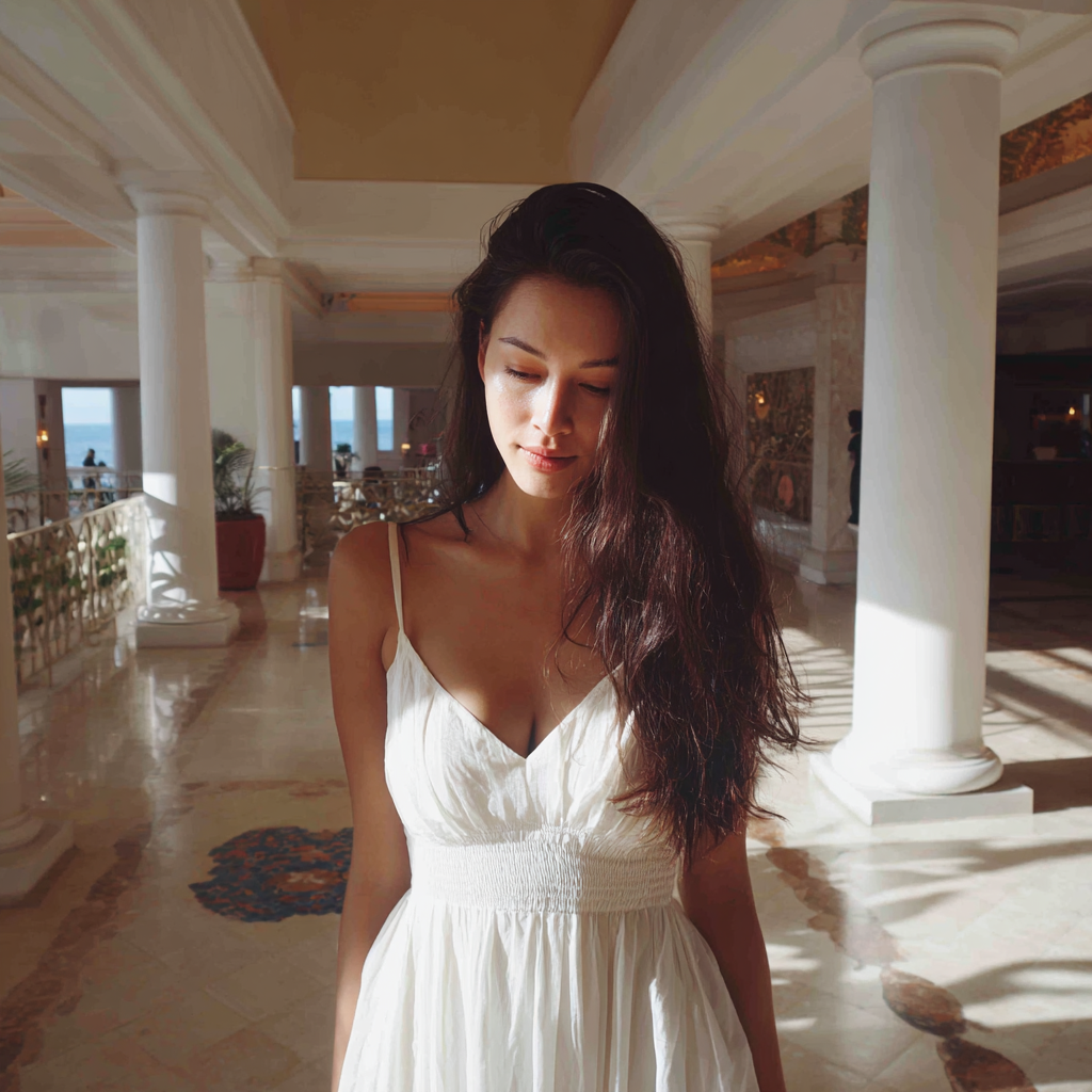 A pensive woman wearing a white dress | Source: Midjourney
