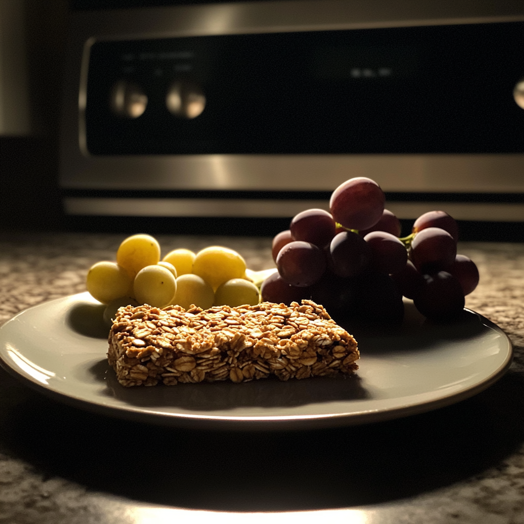 A granola bar and grapes on a plate | Source: Midjourney