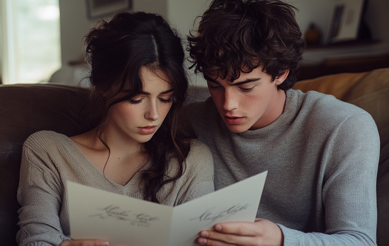 Couple seated on a couch looking at a wedding invitation card | Source: Midjourney