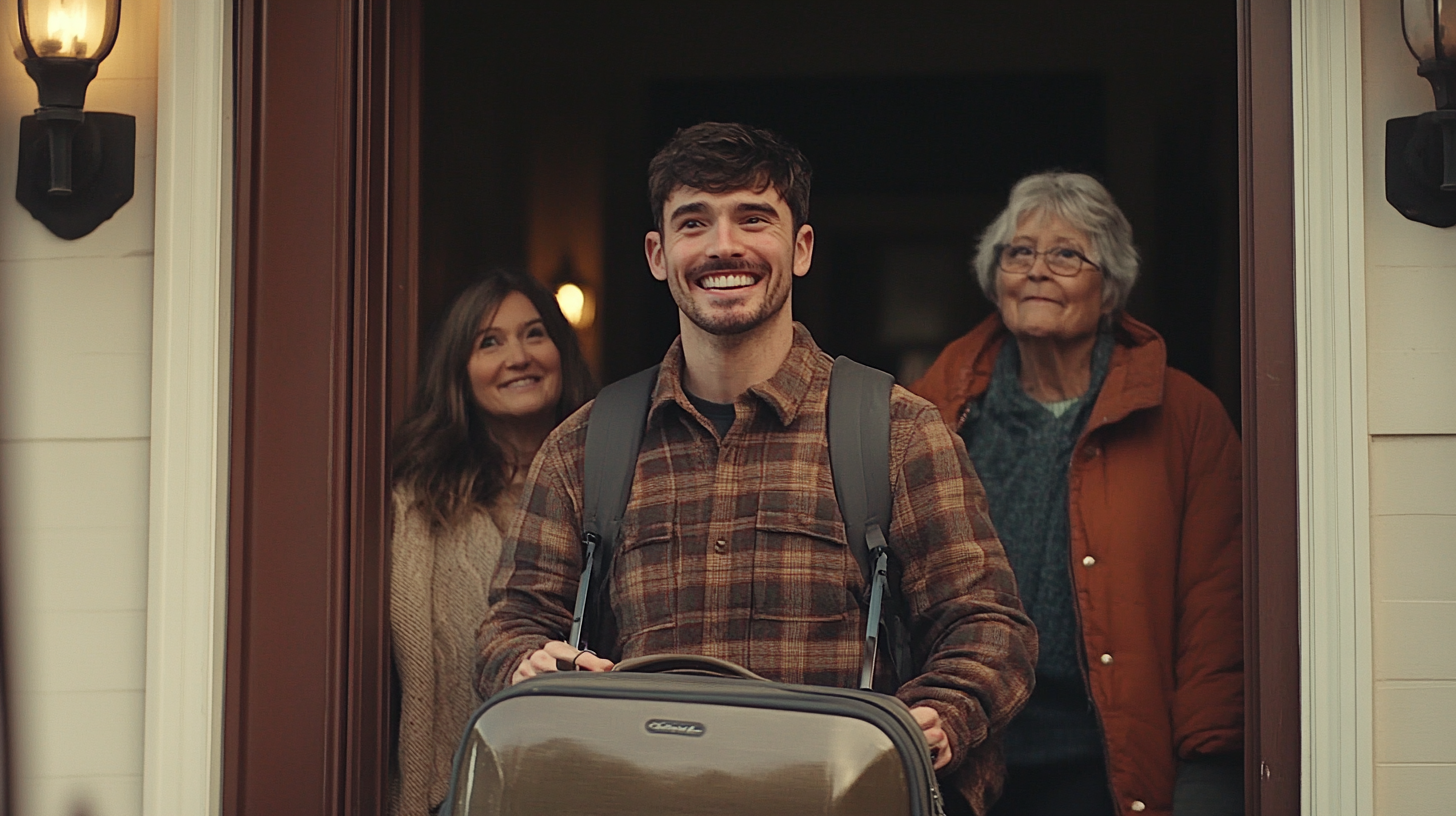 A man smiling with two women behind him | Source: Midjourney