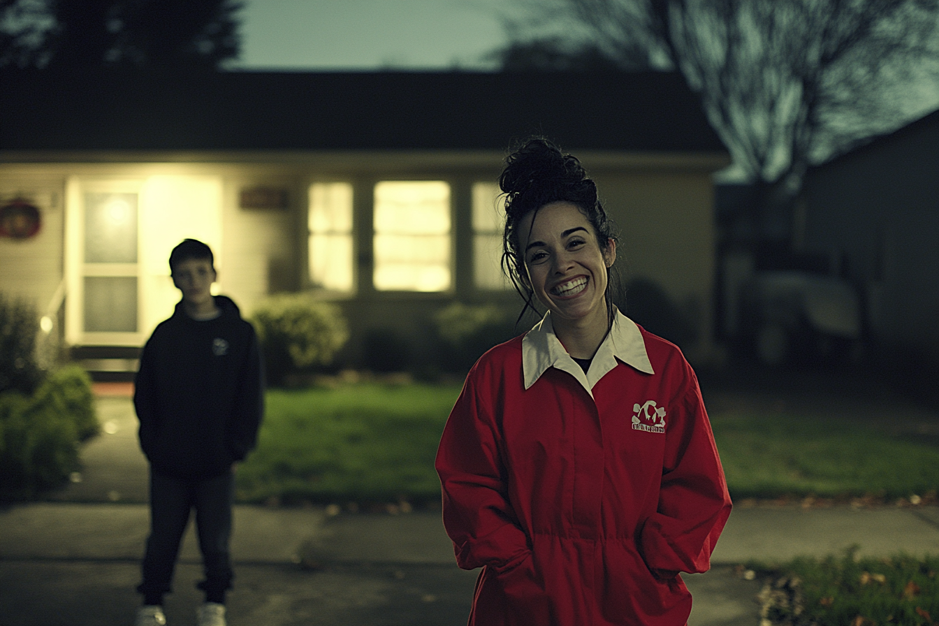 Woman in her 40s, wearing a uniform and smiling, stands in front of a modest house with a teenage boy in the background | Source: Midjourney