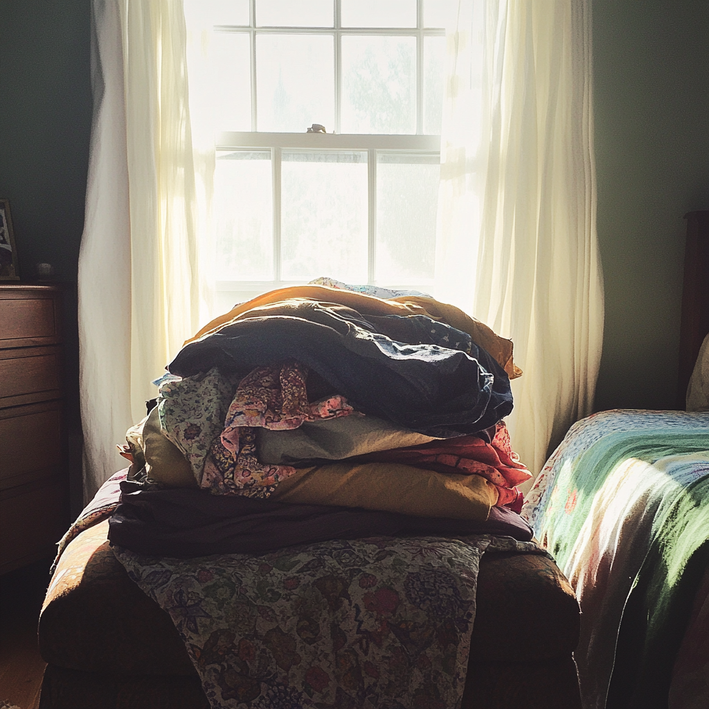 A pile of clothing on an ottoman | Source: Midjourney