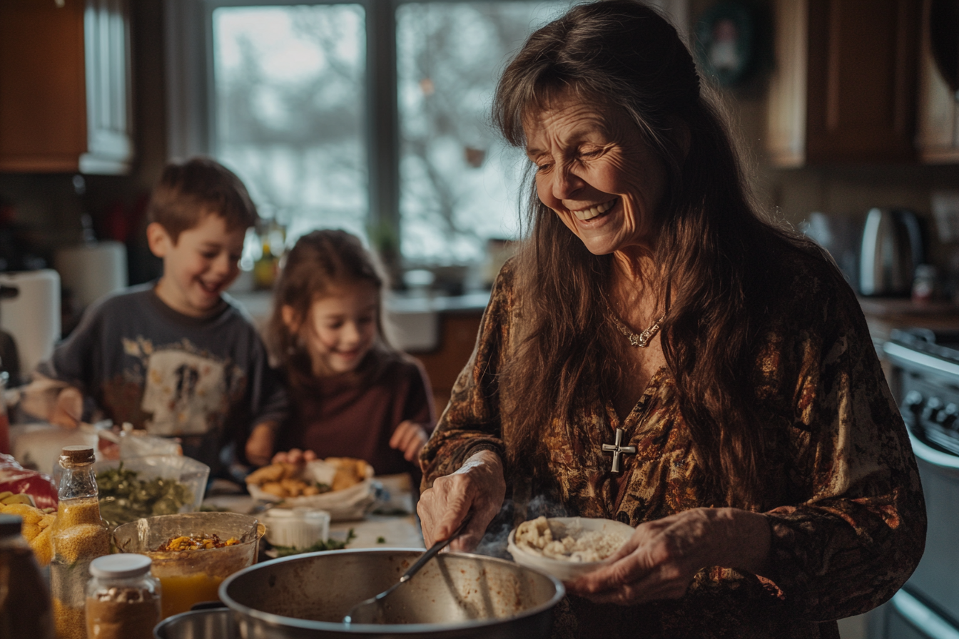 A woman in her 60s cooking in the kitchen smiling while two kids are helping in the background | Source: Midjourney