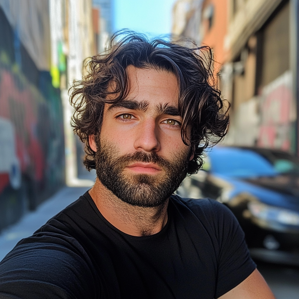 A pensive man wearing a black t-shirt and standing in an alleyway | Source: Midjourney