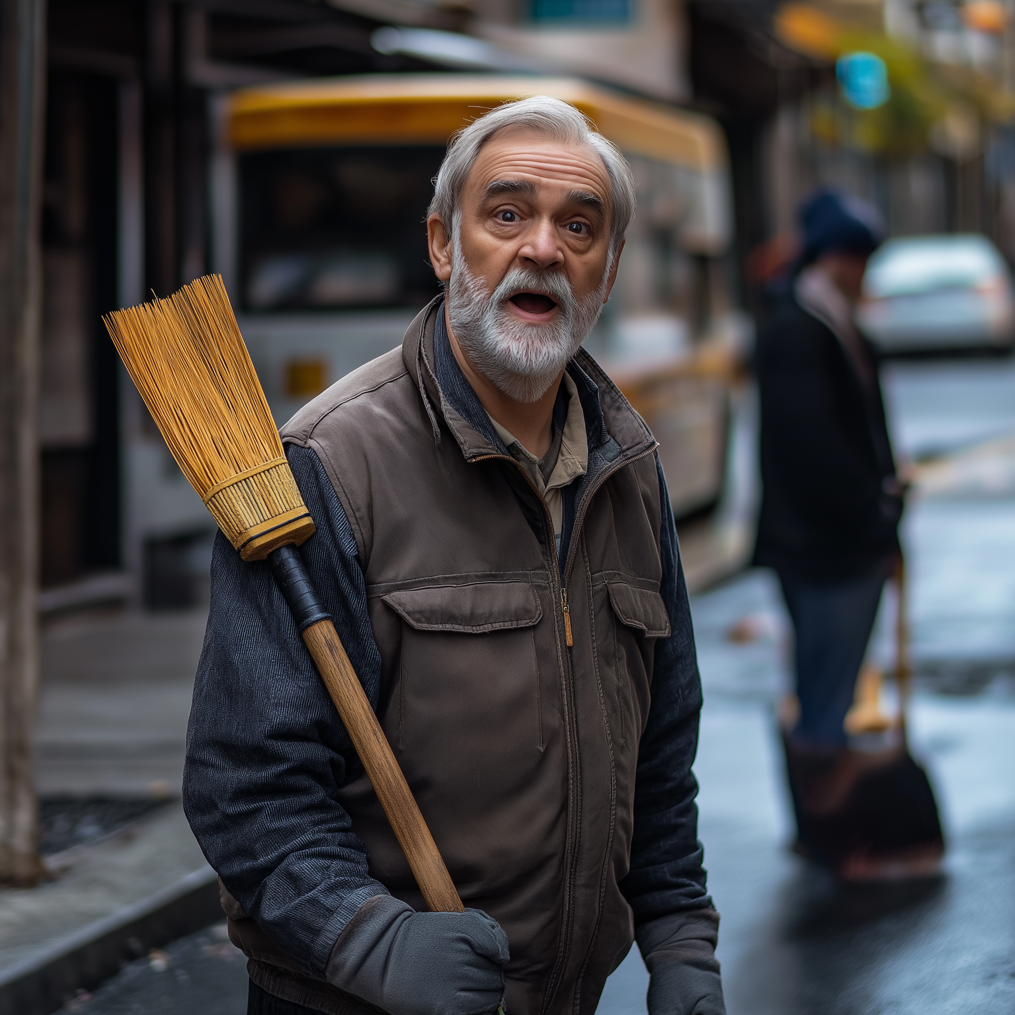 A startled old man holding a sweeping brush while standing on the road | Source: Midjourney