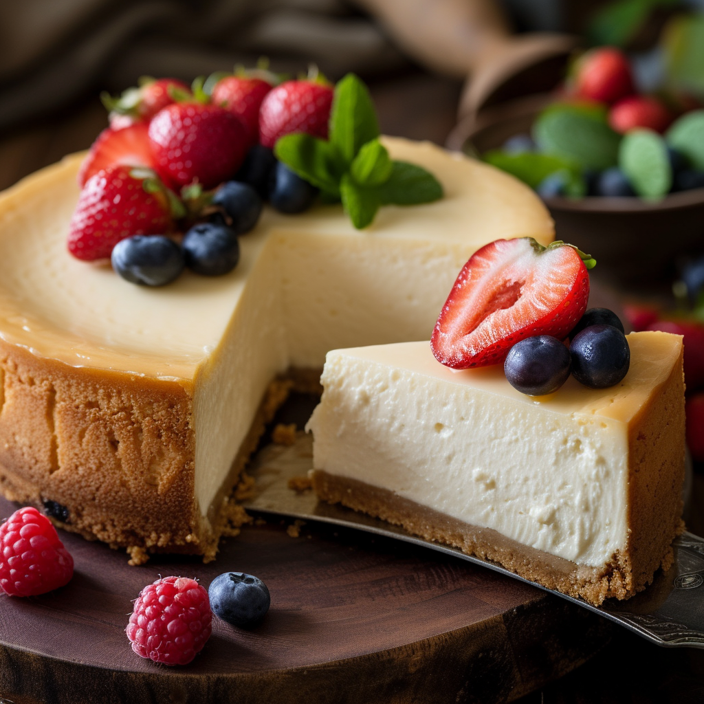 A cheesecake on a plate | Source: Midjourney