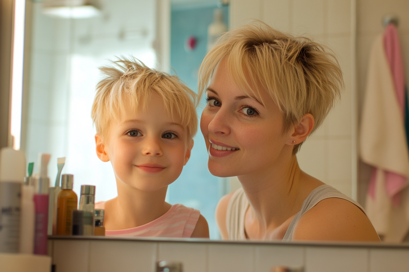 A woman and her daughter looking in a bathroom mirror | Source: Midjourney