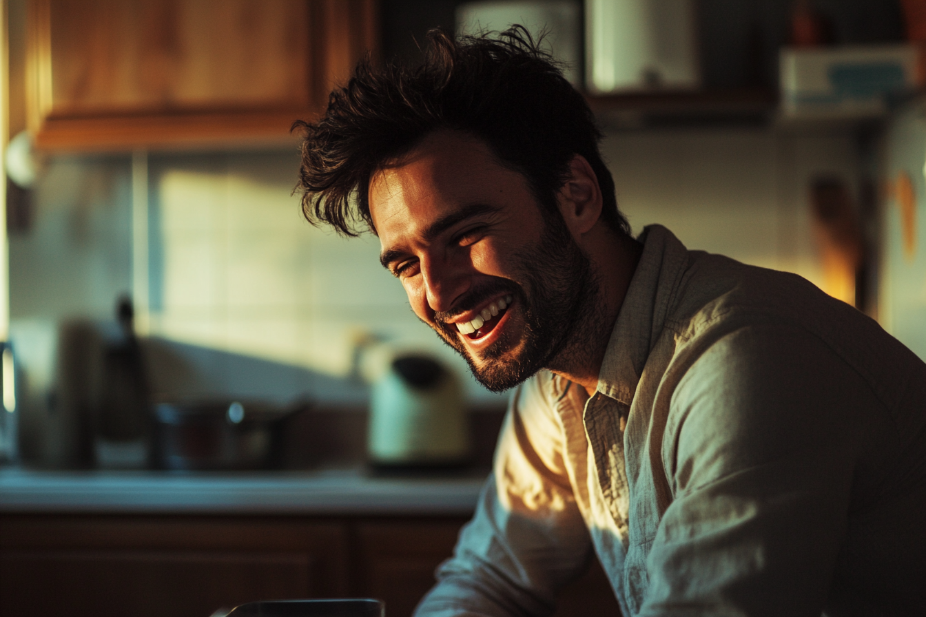 Un homme qui rit dans une cuisine | Source : Midjourney