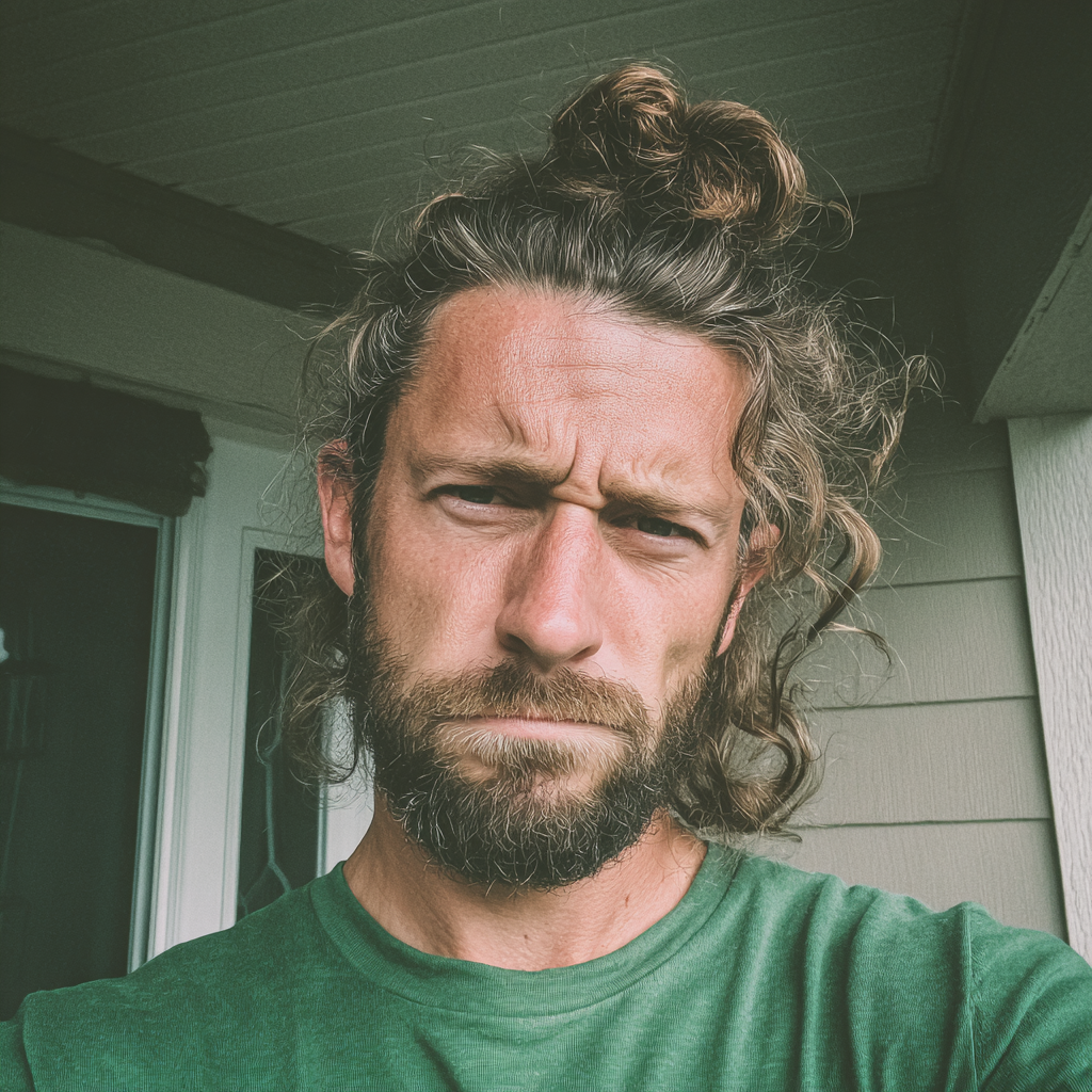 A frowning man standing on a porch | Source: Midjourney