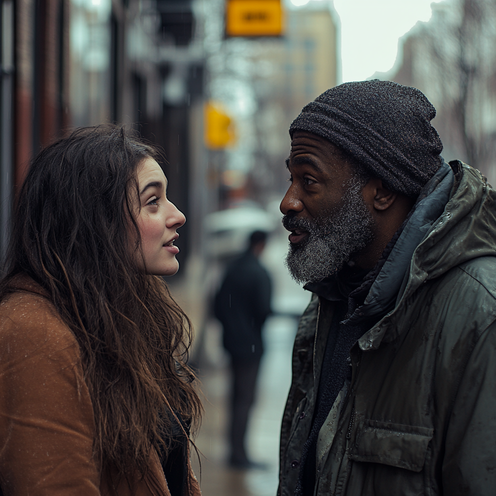 A woman talking to a homeless man | Source: Midjourney