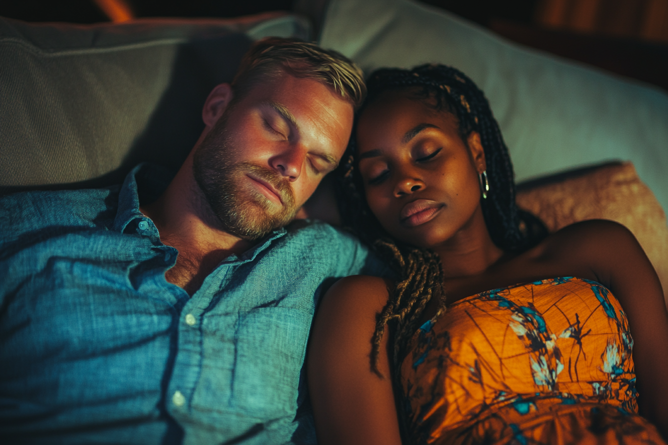 An exhausted couple on a sofa | Source: Midjourney