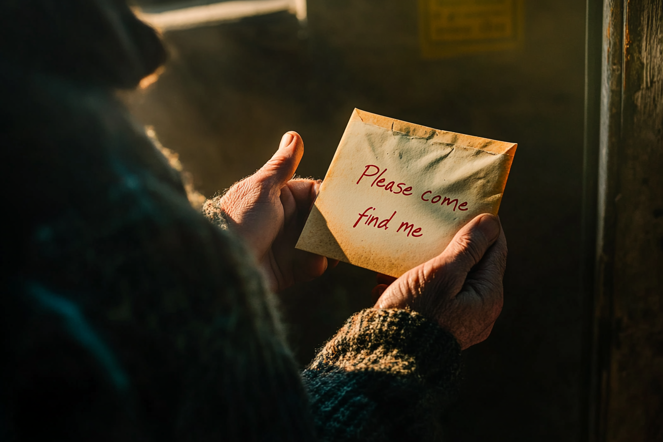 Man holding a letter saying "Please come find me" | Source: Midjourney