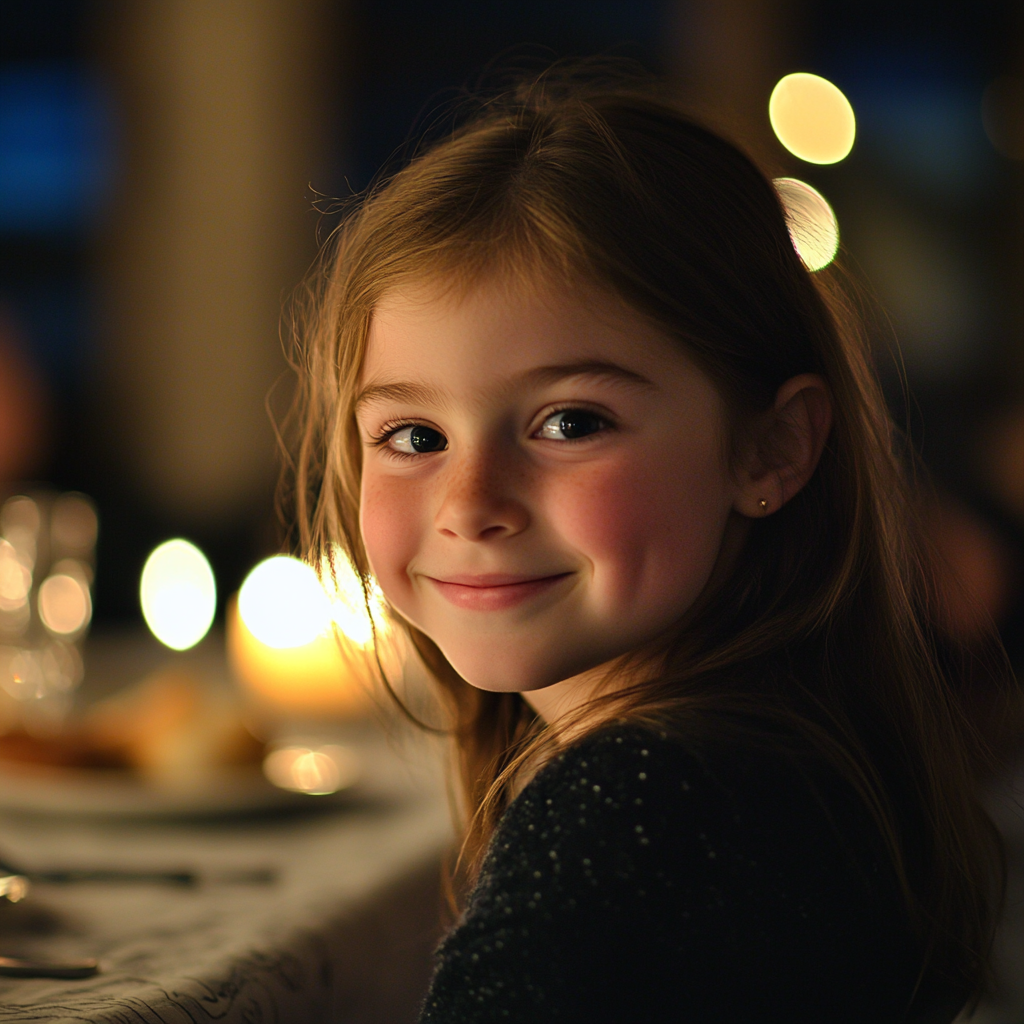 A happy girl at a dinner table | Source: Midjourney