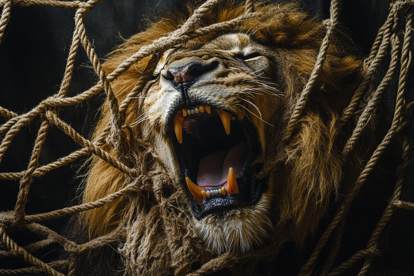 A lion tangled in a net | Source: Midjourney