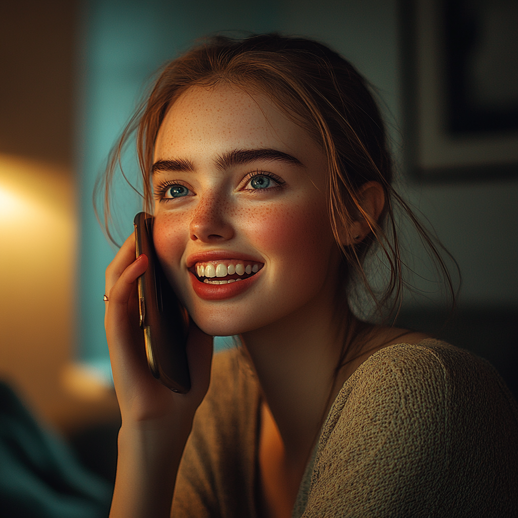 A smiling woman talking on the phone | Source: Midjourney