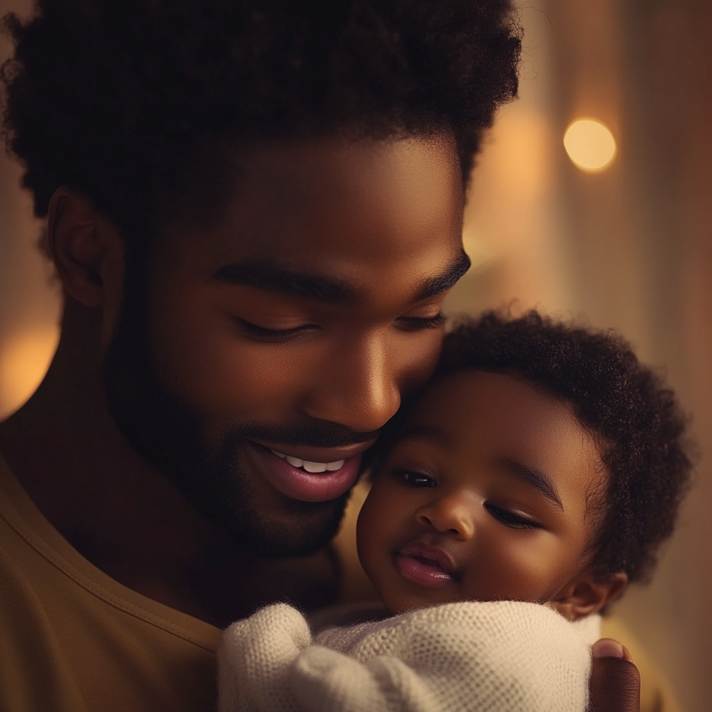 A cheerful man holding his baby | Source: Midjourney