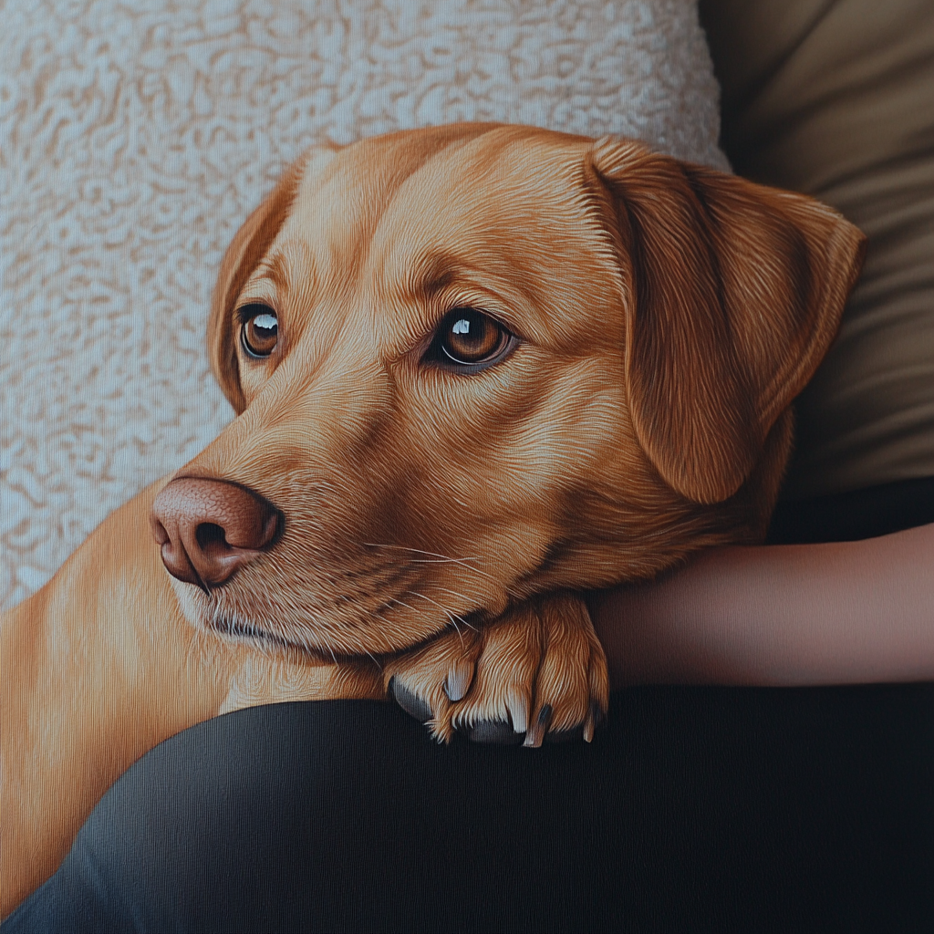 A dog resting his head on a woman's lap | Source: Midjourney