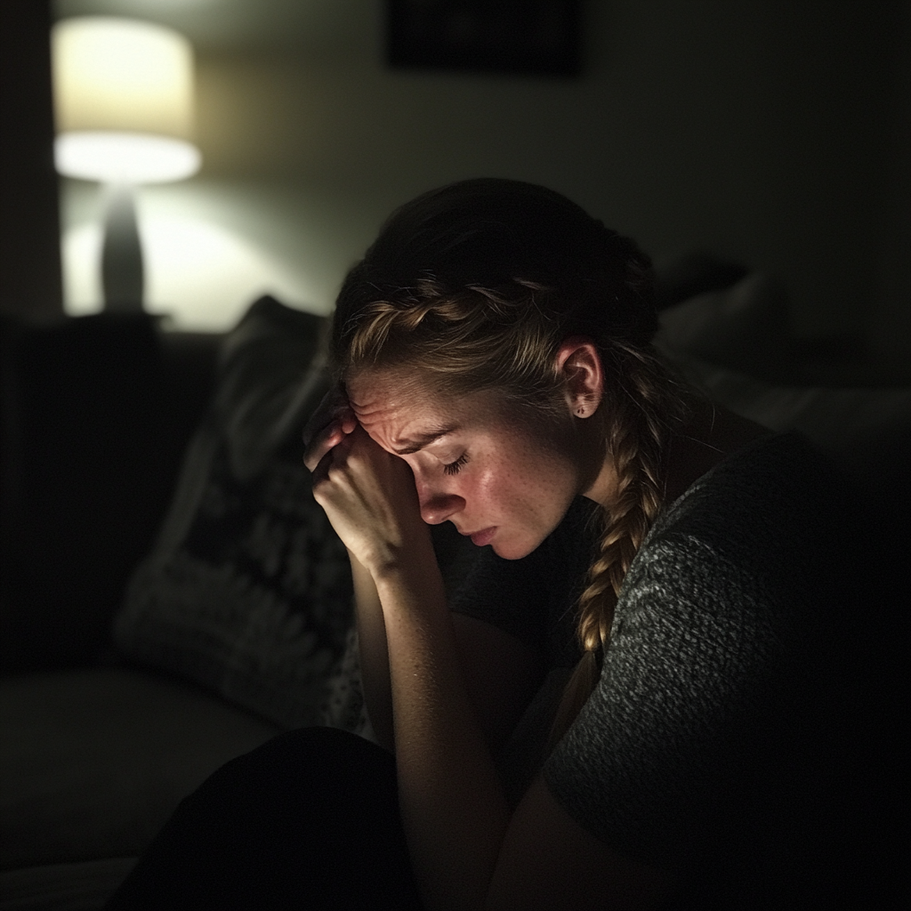 An upset woman sitting on a couch | Source: Midjourney