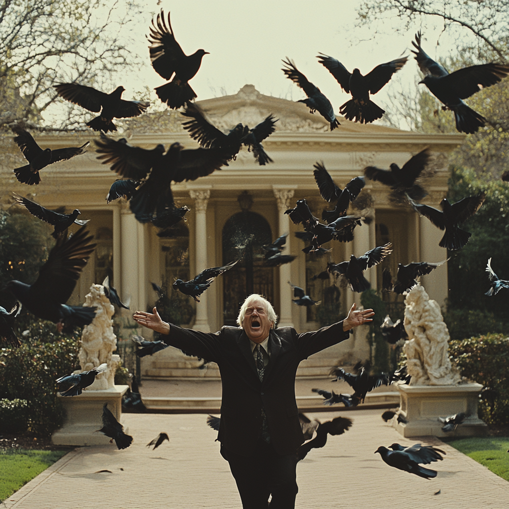 A man shouting orders while birds fly around him | Source: Midjourney