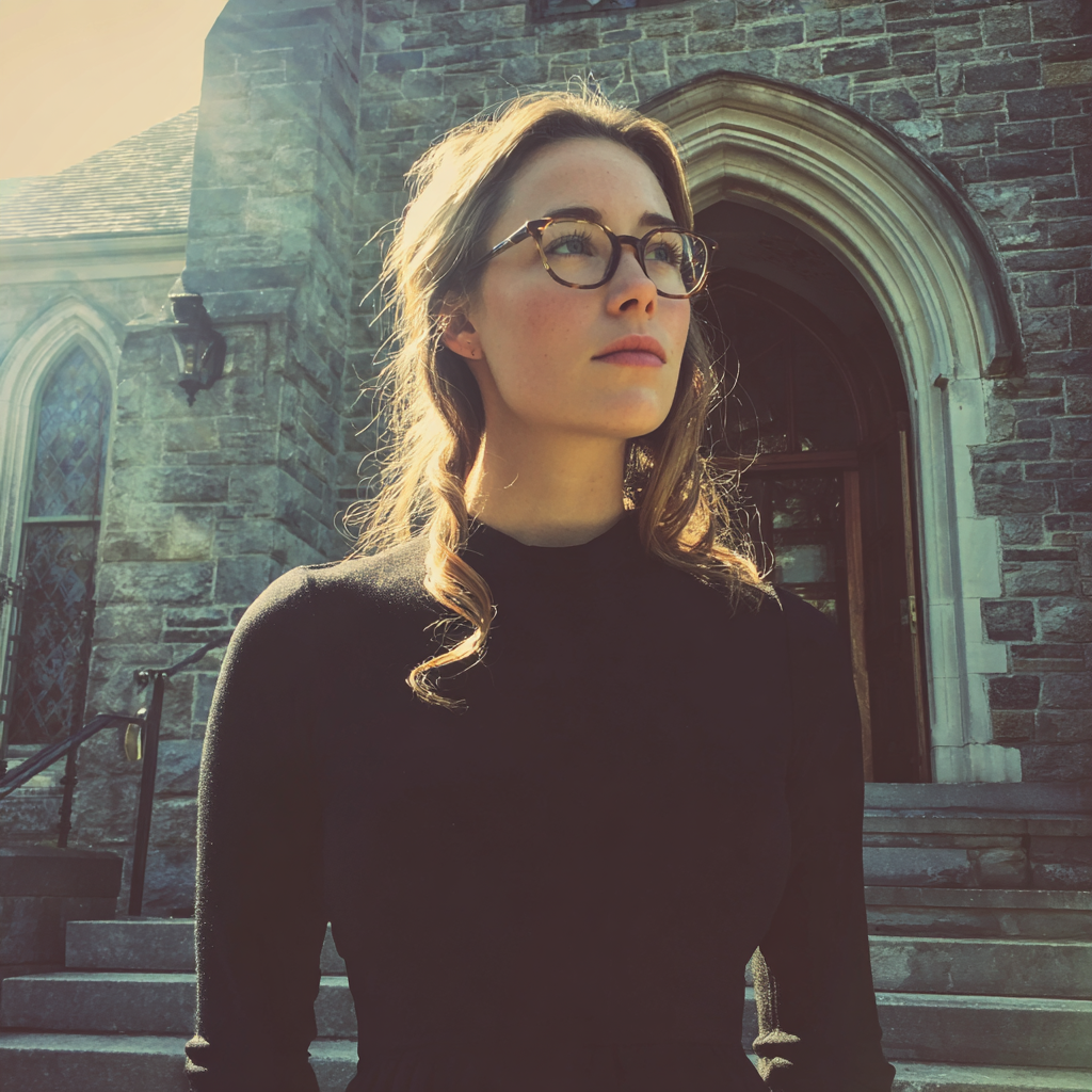 A woman wearing black and standing outside a church | Source: Midjourney