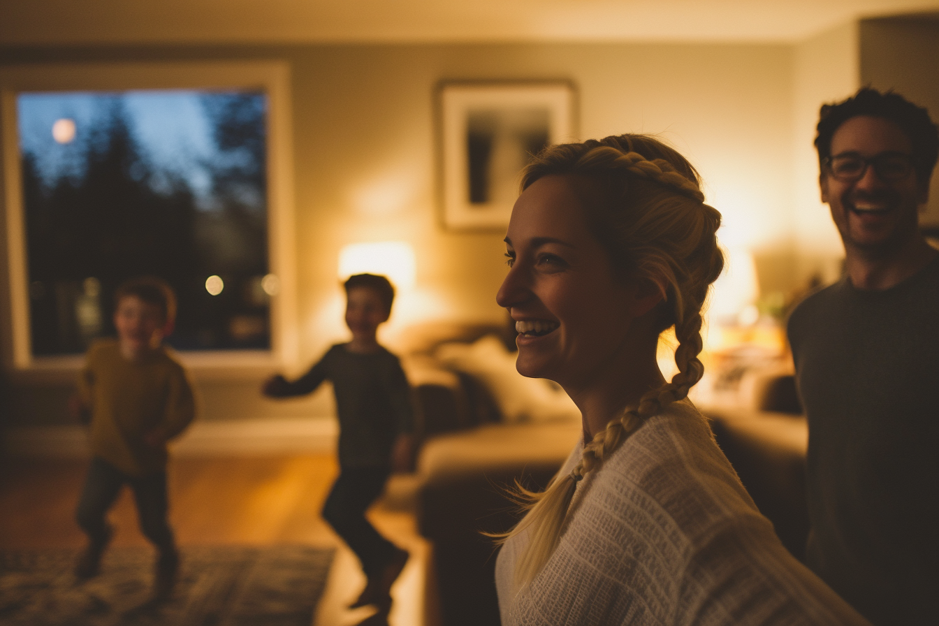 Woman in her 30s smiling happily as her husband and twin boys run in a living room | Source: Midjourney