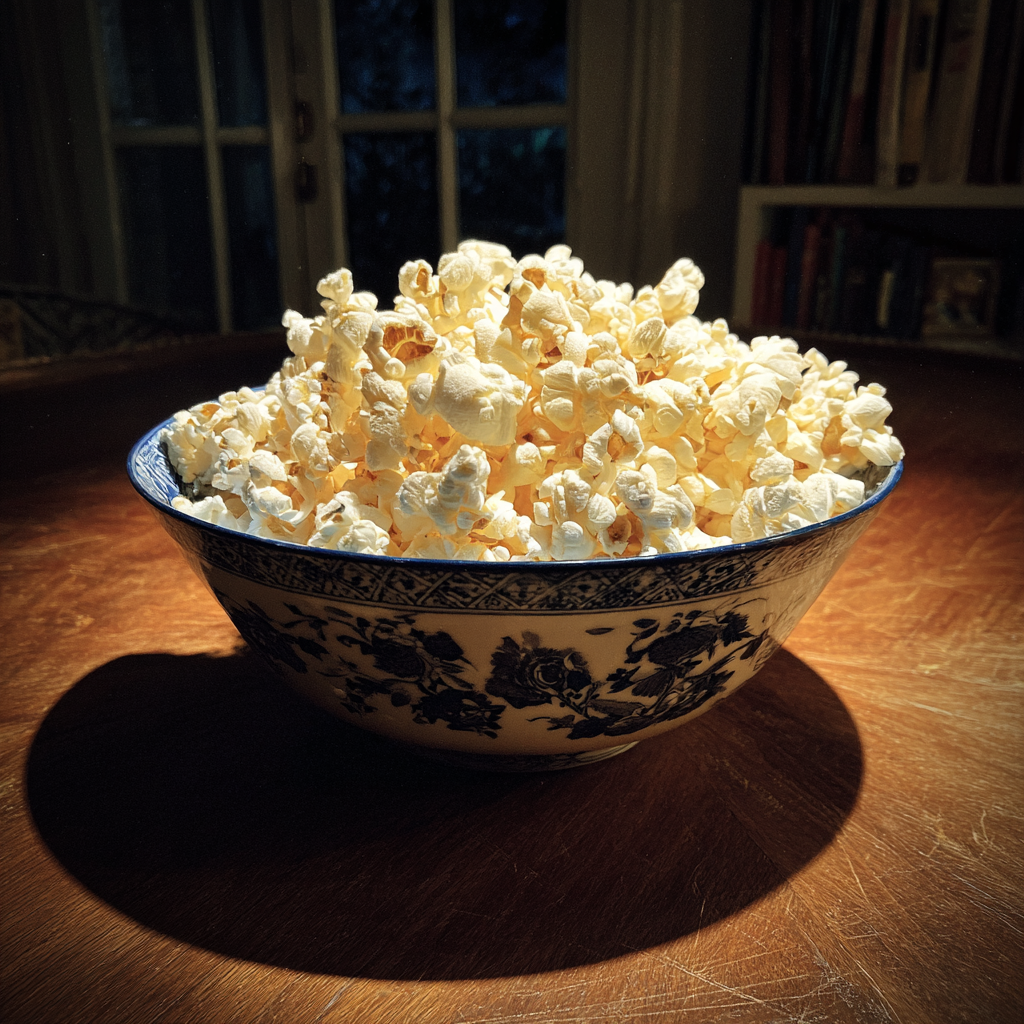 A bowl of popcorn on a table | Source: Midjourney