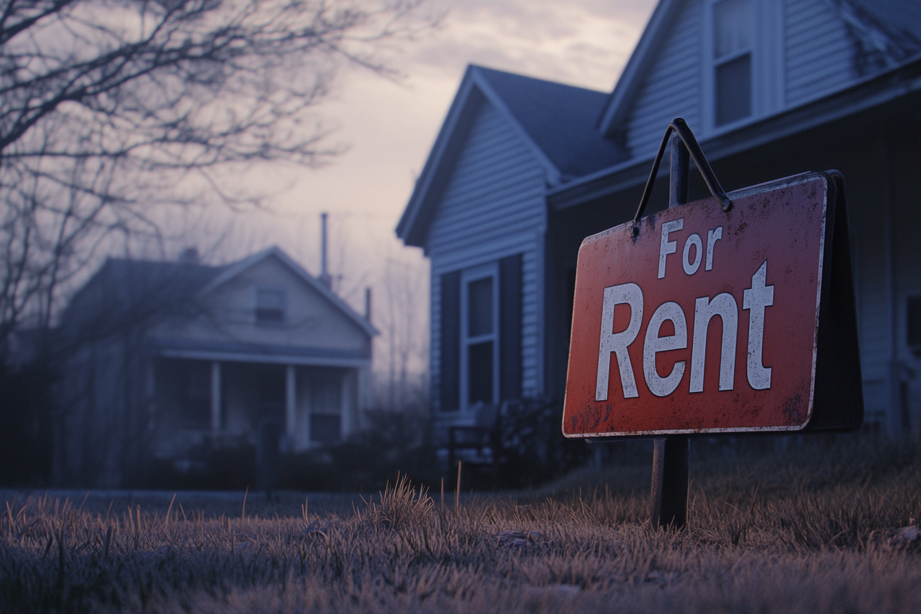 A "For Rent" sign in a front yard | Source: Midjourney