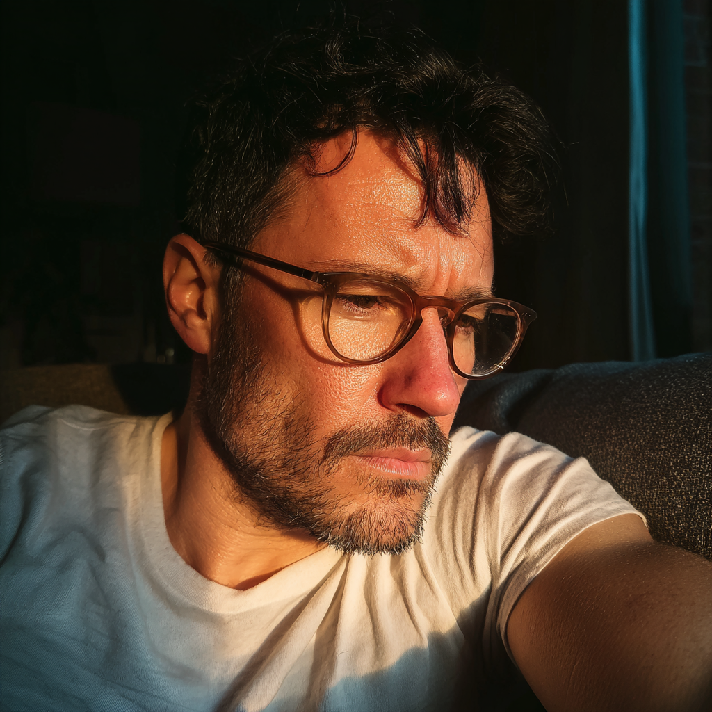 A pensive man sitting on a couch | Source: Midjourney