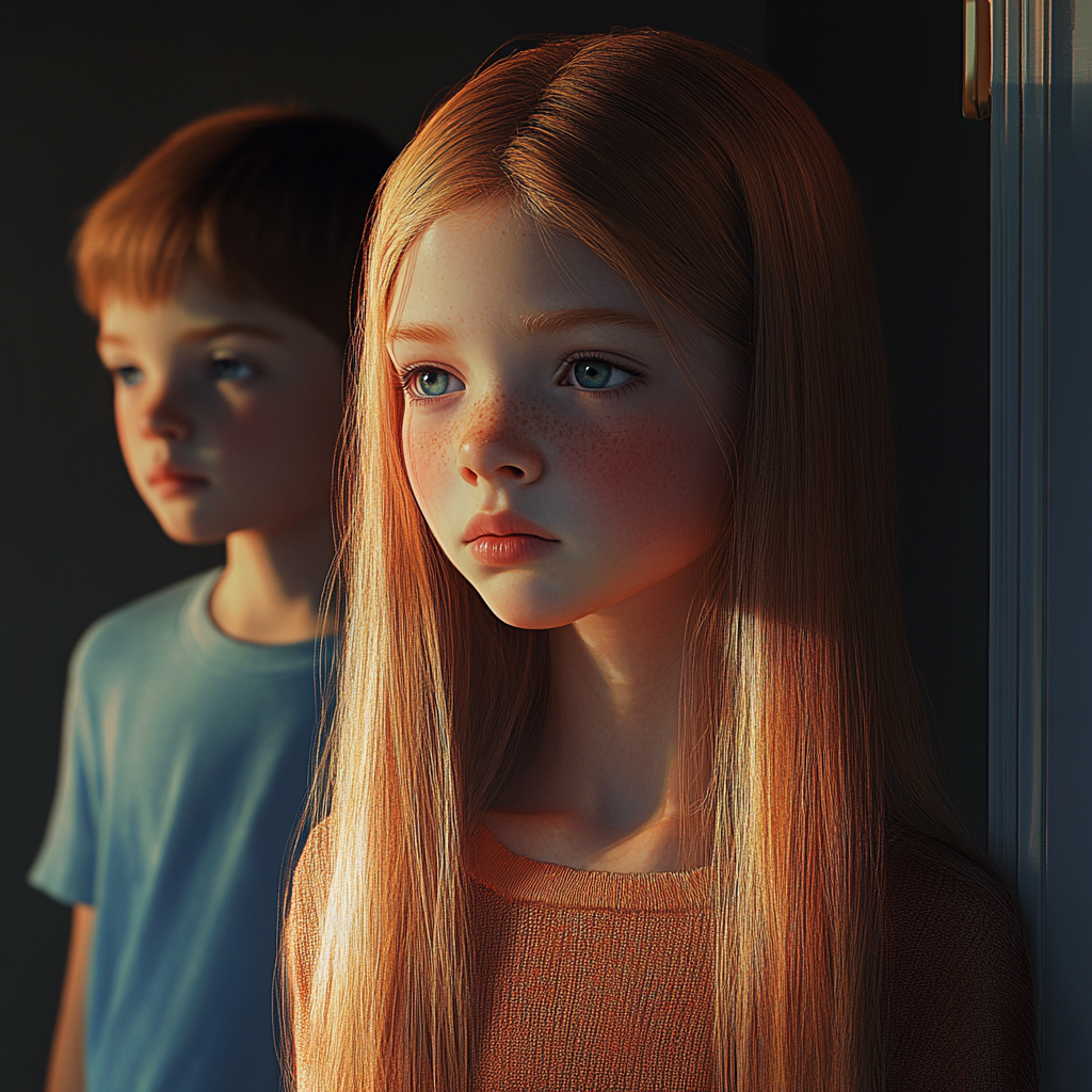 A sad girl and her brother standing at the doorway | Source: Midjourney