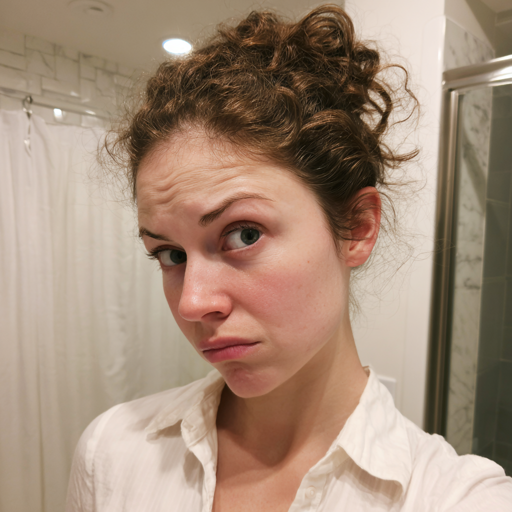 A frowning woman standing in a bathroom | Source: Midjourney