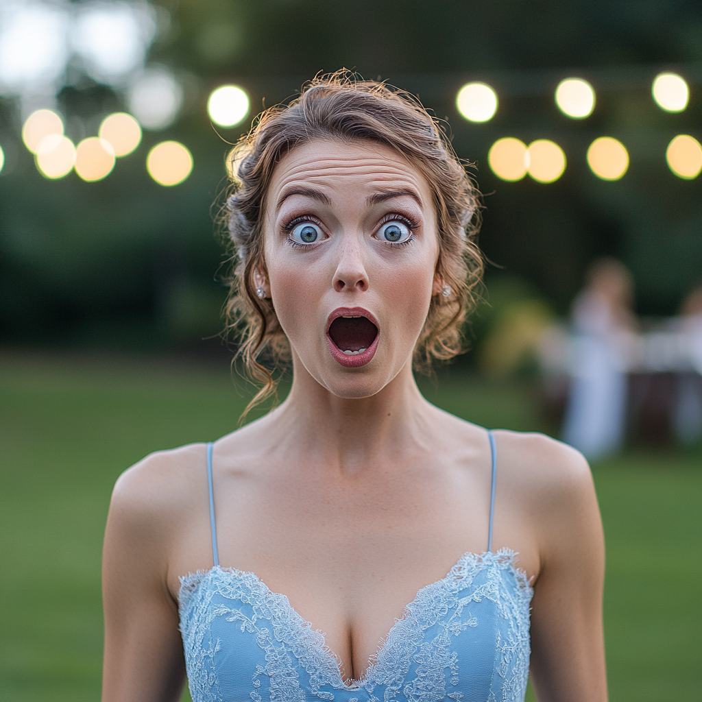 A shocked bridesmaid in a blue dress | Source: Midjourney