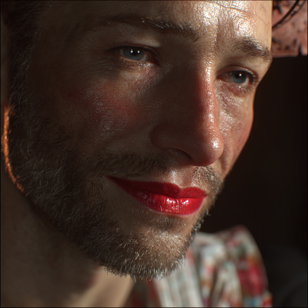 A man sporting bright red lipstick and a floral dress | Source: Midjourney