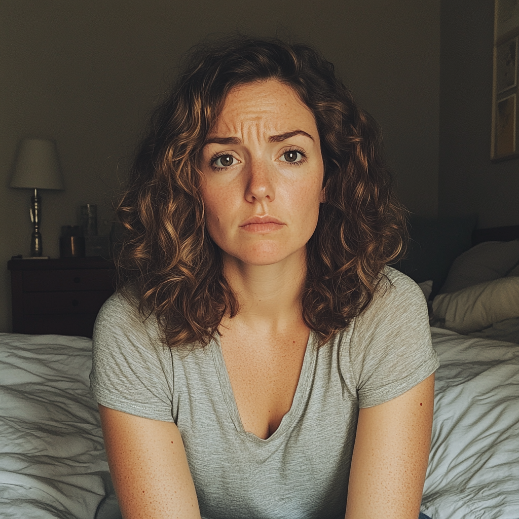 An upset woman sitting on her bed | Source: Midjourney