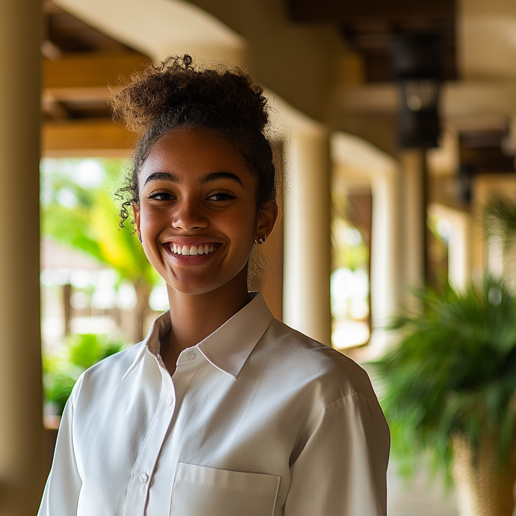 A smiling concierge in a hotel | Source: Midjourney