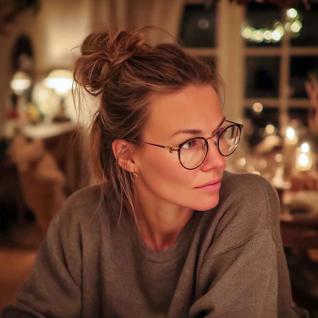 A woman with a messy bun sitting at a table | Source: Midjourney