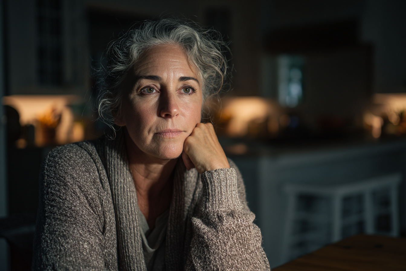 An older woman sitting in a kitchen | Source: Midjourney