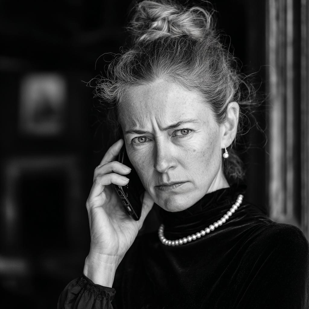 A frowning woman talking on a phone | Source: Midjourney