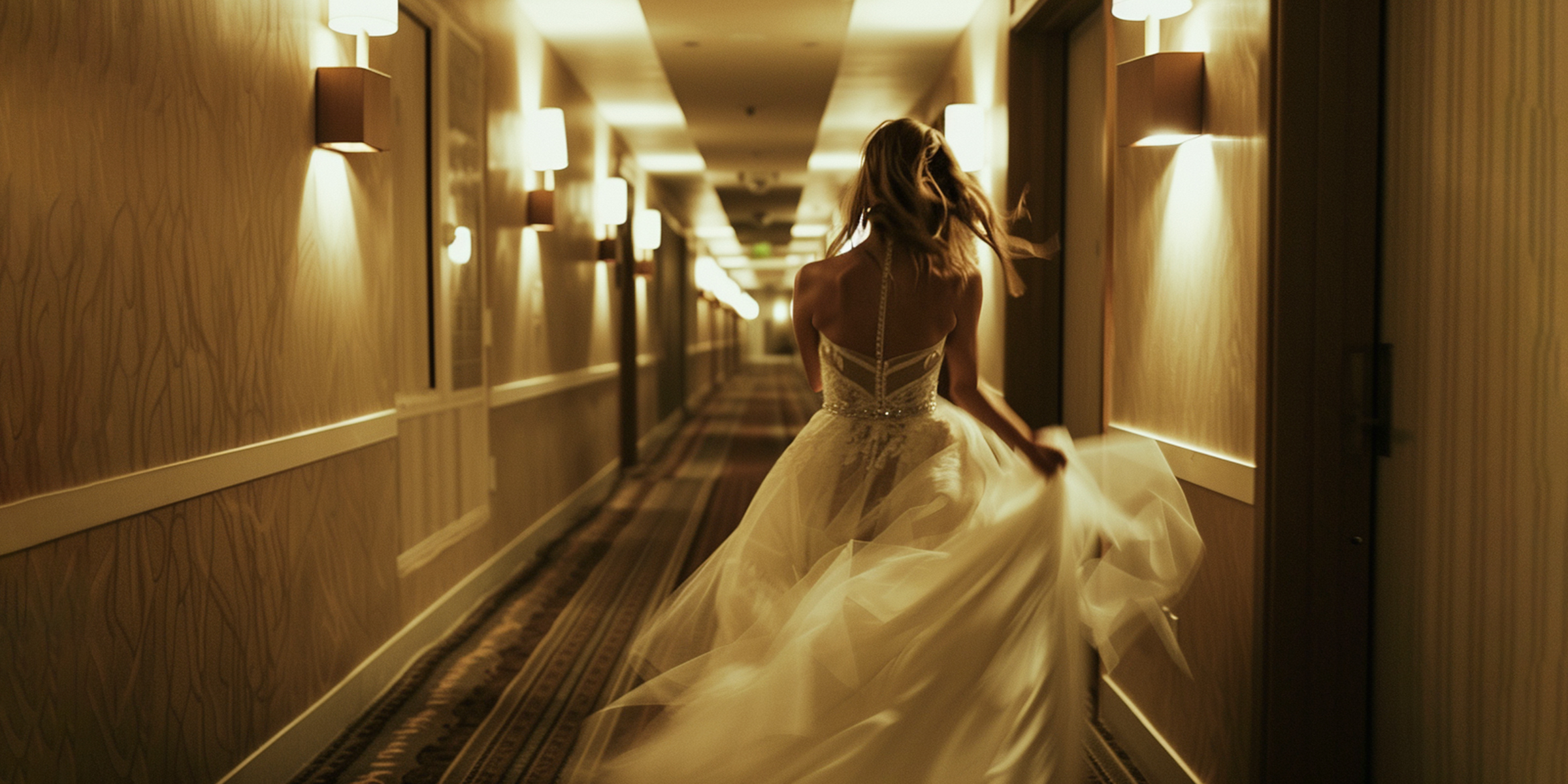 A bride racing down a hotel hallway | Source: Midjourney