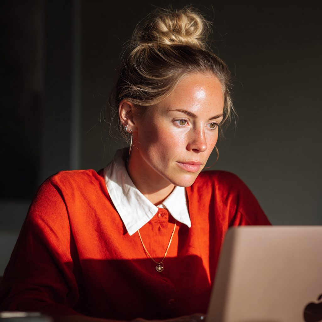 A woman sitting and working at her laptop | Source: Midjourney