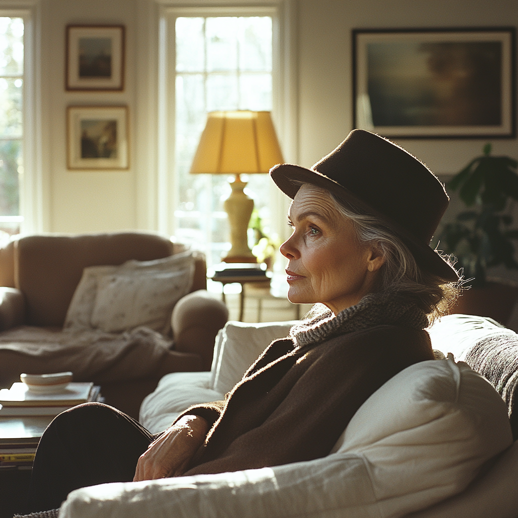 A woman sitting in her living room | Source: Midjourney