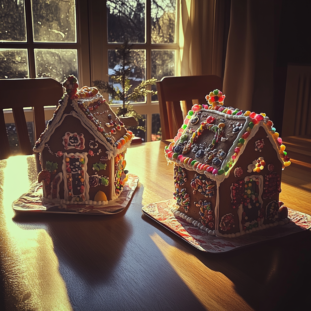 Gingerbread houses on a table | Source: Midjourney