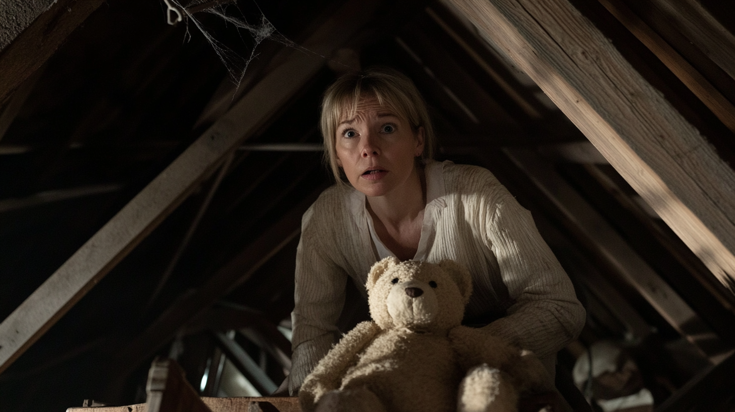 Confused woman with a teddy bear climbing in the attic | Source: Midjourney