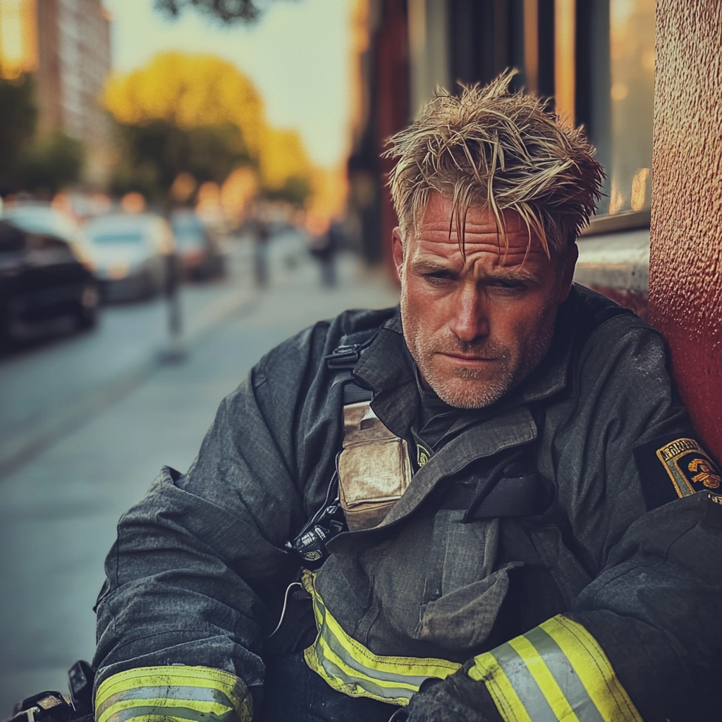 An upset firefighter sitting on a sidewalk | Source: Midjourney