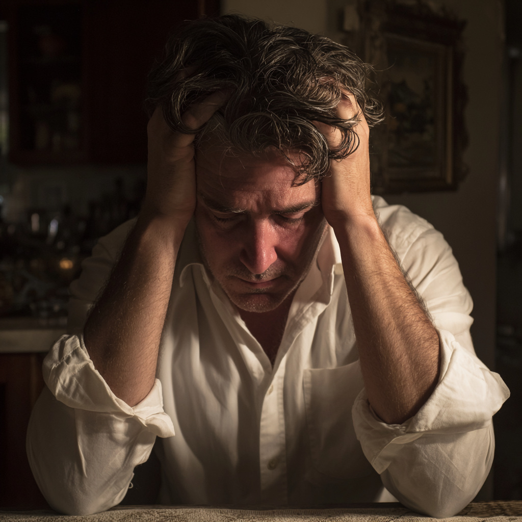 An upset man holding his head | Source: Midjourney
