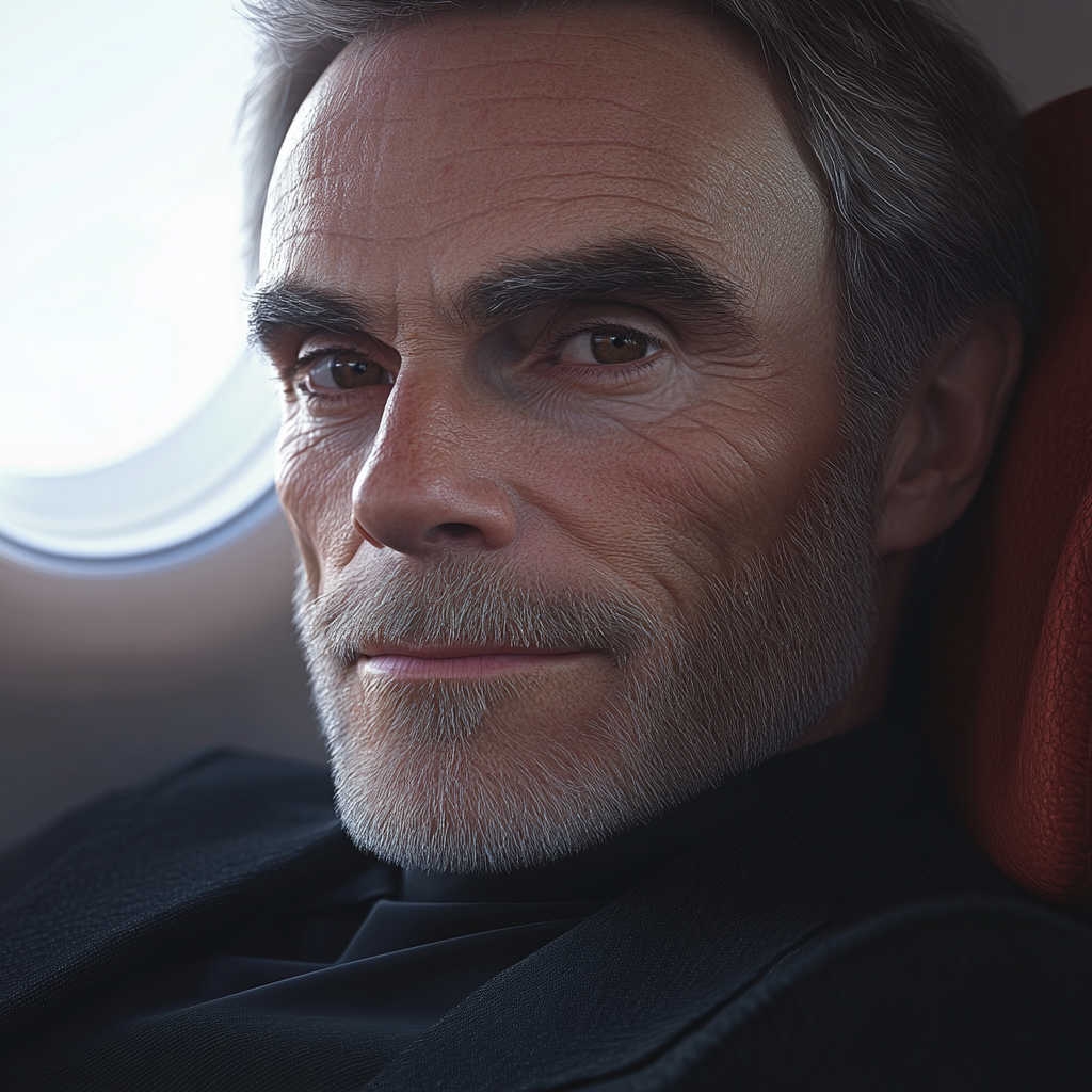 An older man in an airplane | Source: Midjourney