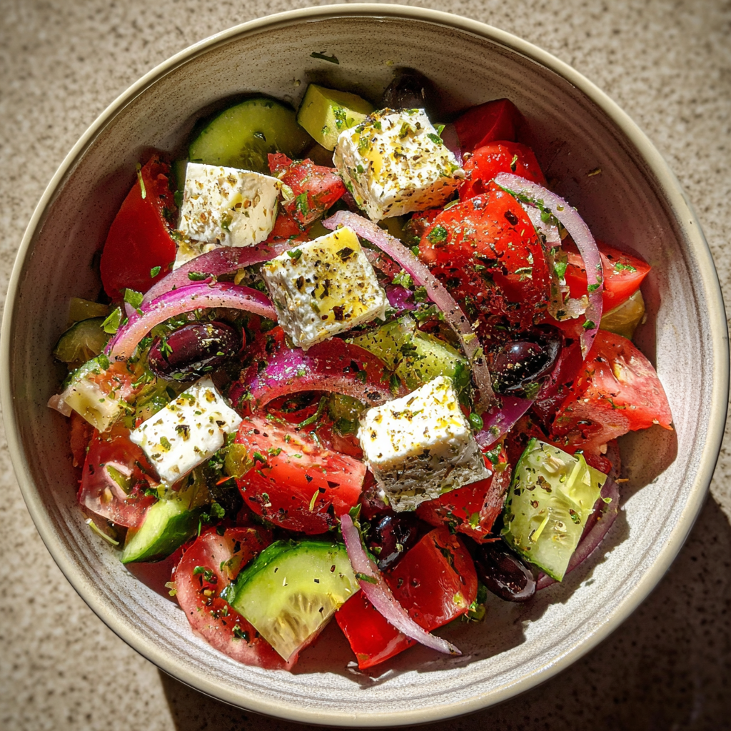 A Greek salad on a kitchen counter | Source: Midjourney