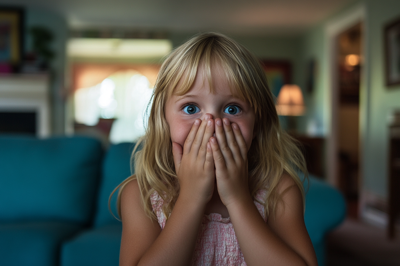 Una niña cubriéndose la boca con ambas manos | Fuente: Midjourney