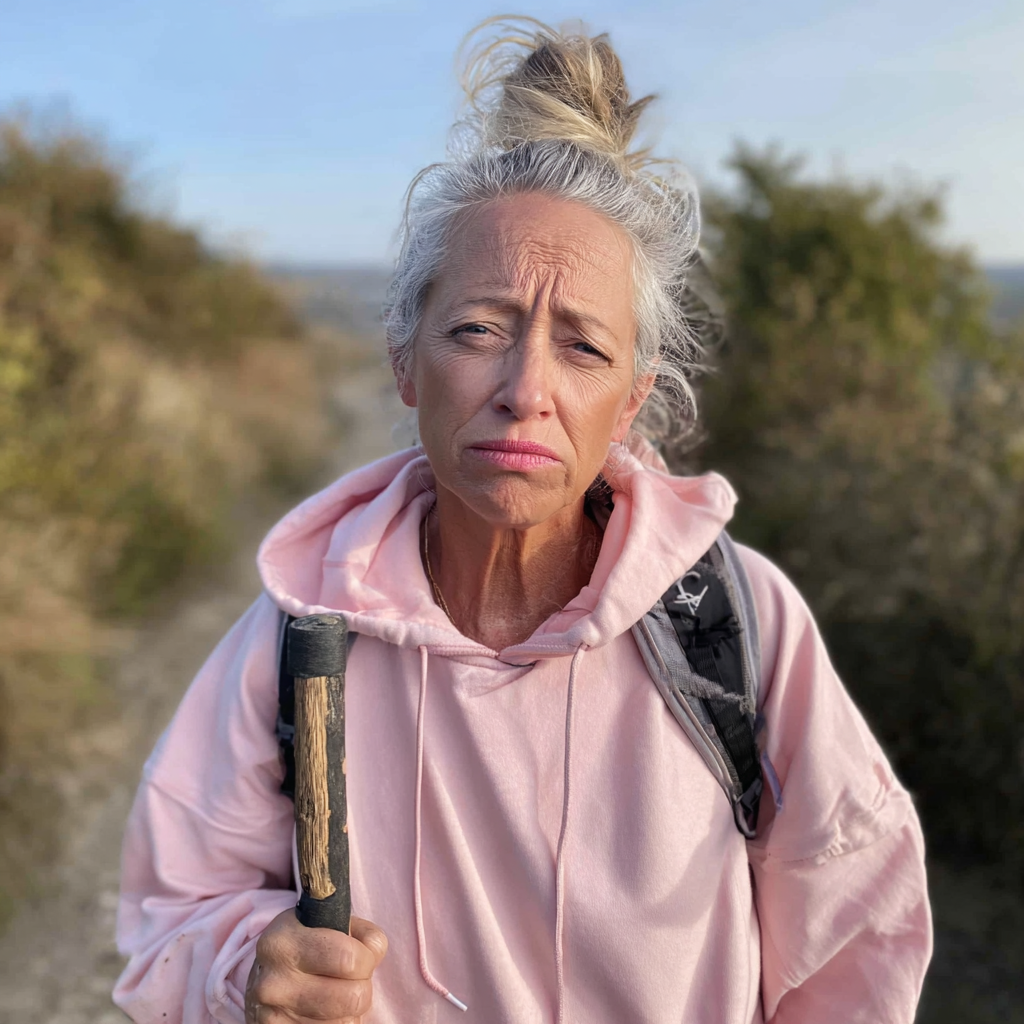 A close up of an upset older woman in a pink tracksuit | Source: Midjourney