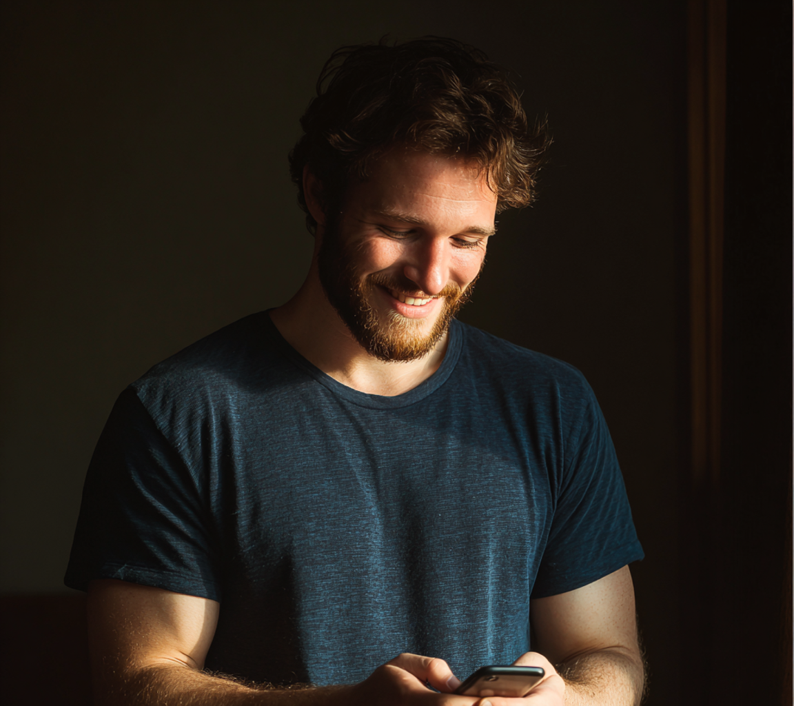 A man using his cellphone and smiling | Source: Midjourney