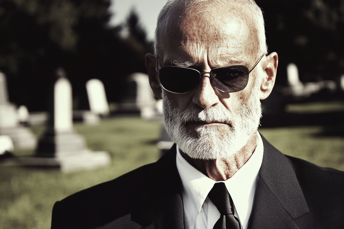 A stern man standing in a graveyard | Source: Midjourney